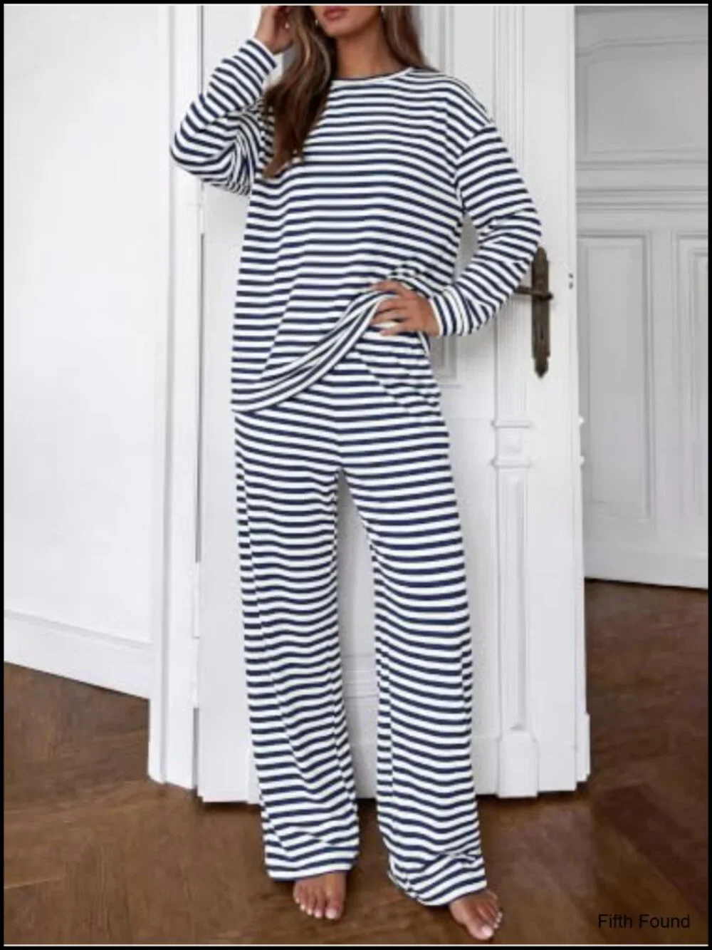 Striped Lounge Set with Wide Leg Pants, 95% Cotton 5% Elastane